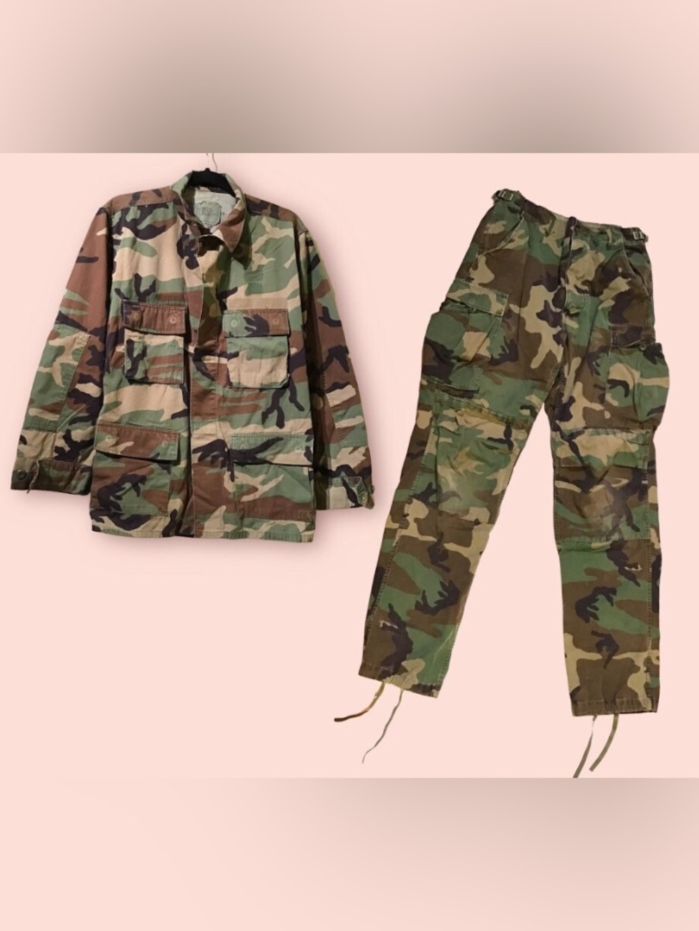 U.S. Army vintage Woodland Camo Jacket and Cargo Pants Set - Green, Brown, Black